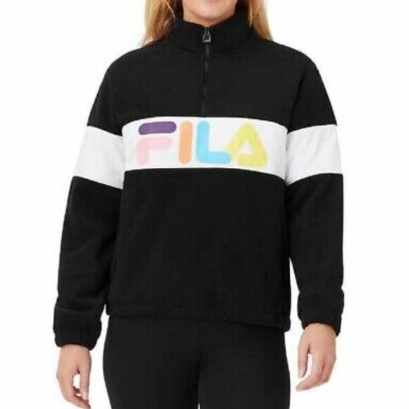 FILA Black Colorful Logo Panel Quarter Zip Pullover Fleece Sweater Large - Picture 1 of 13